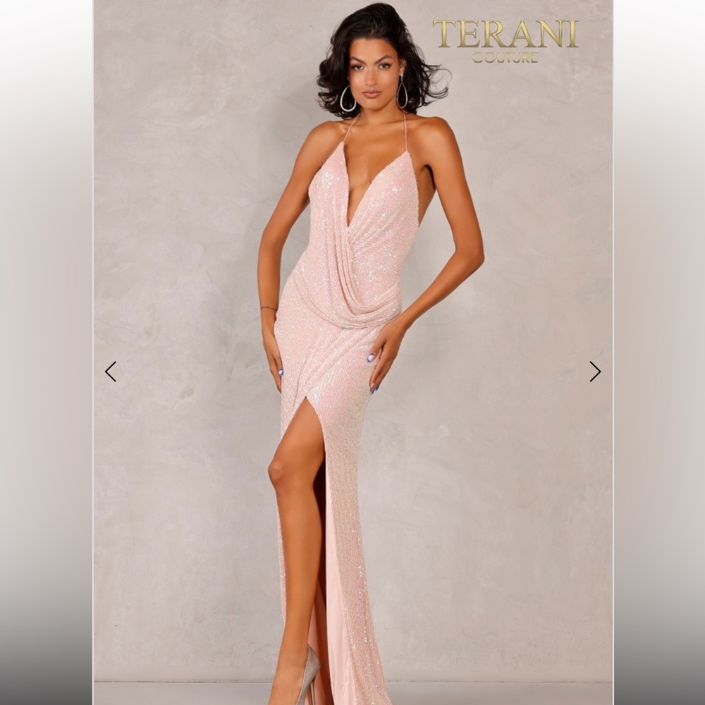 Rose iridescent backless gown by Terani